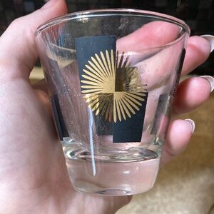 Mid Century Modern Atomic Starburst Black & Gold Rocks/Whiskey Glasses Set of 5